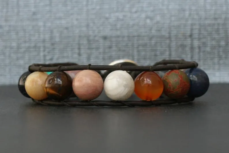 Mix Natural Gemstones Bracelet on Brown/Black Leather