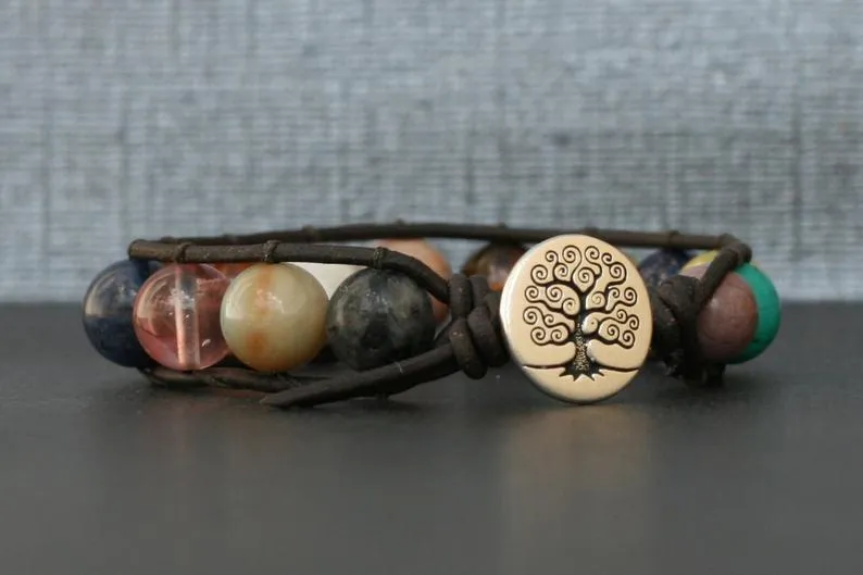 Mix Natural Gemstones Bracelet on Brown/Black Leather