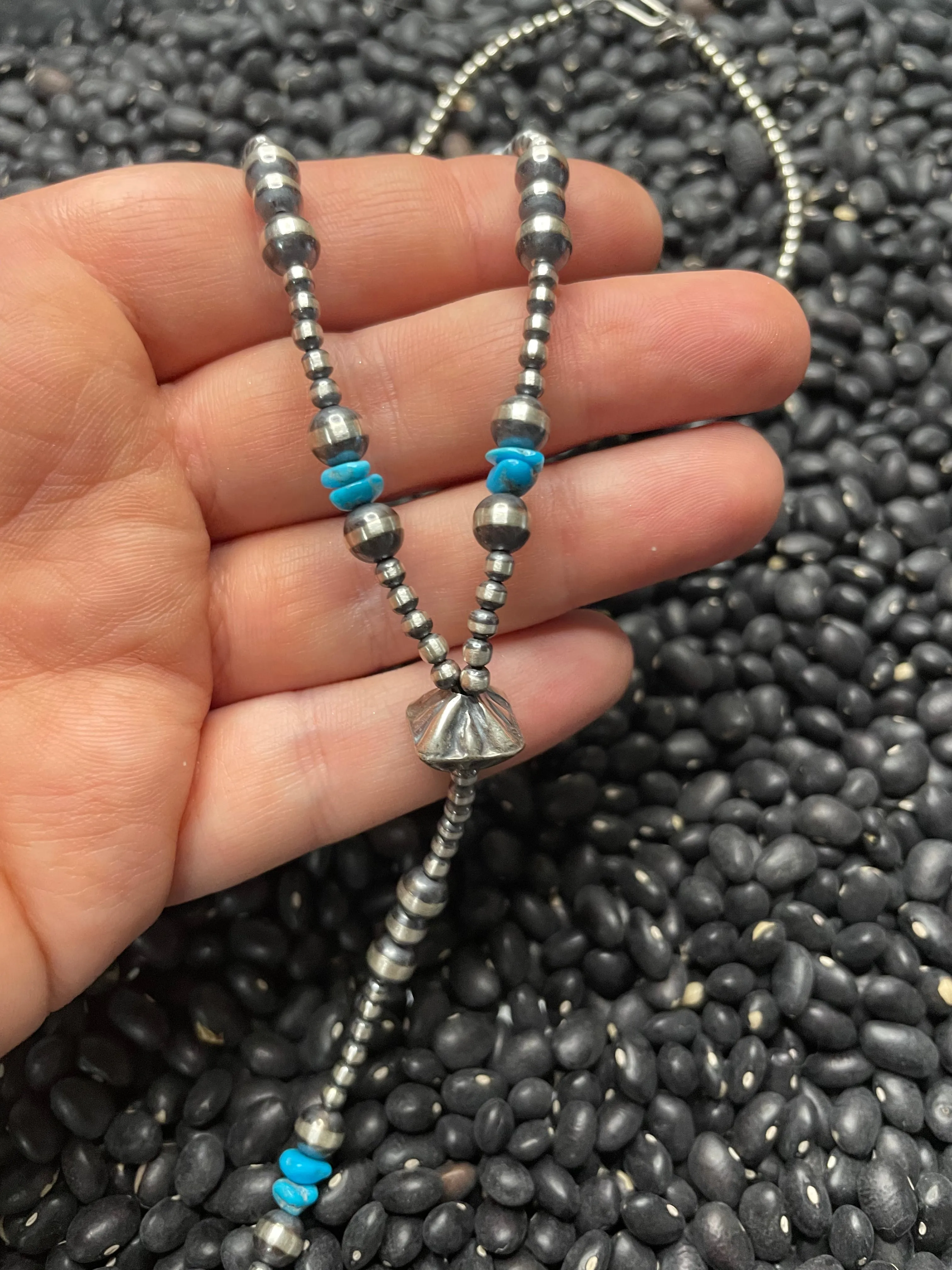 Navajo Sterling Silver & Turquoise Beaded Lariat Necklace