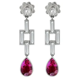 No-Heat Burmese Ruby Diamond Platinum Drop Earrings, AGL Certified