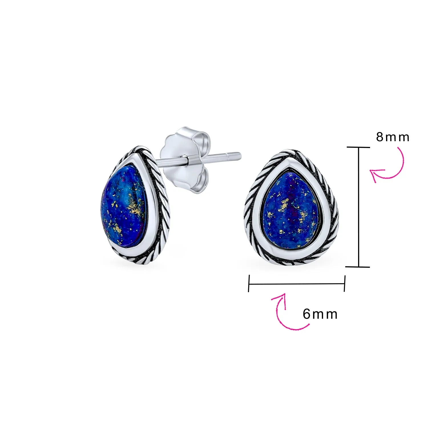 Petite Bali Style Blue Lapis Lazuli Stud Earrings in Oxidized Sterling Silver