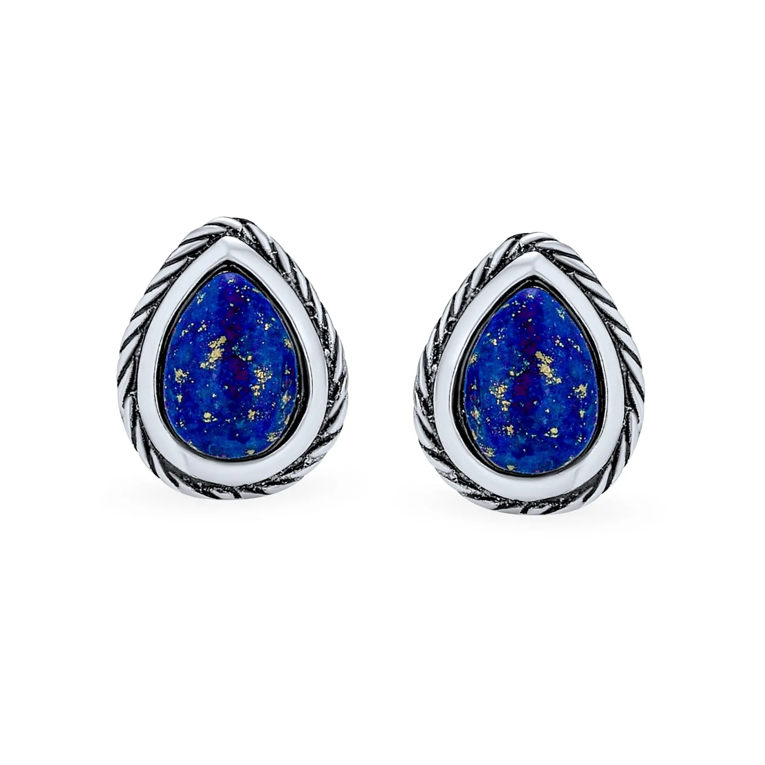 Petite Bali Style Blue Lapis Lazuli Stud Earrings in Oxidized Sterling Silver