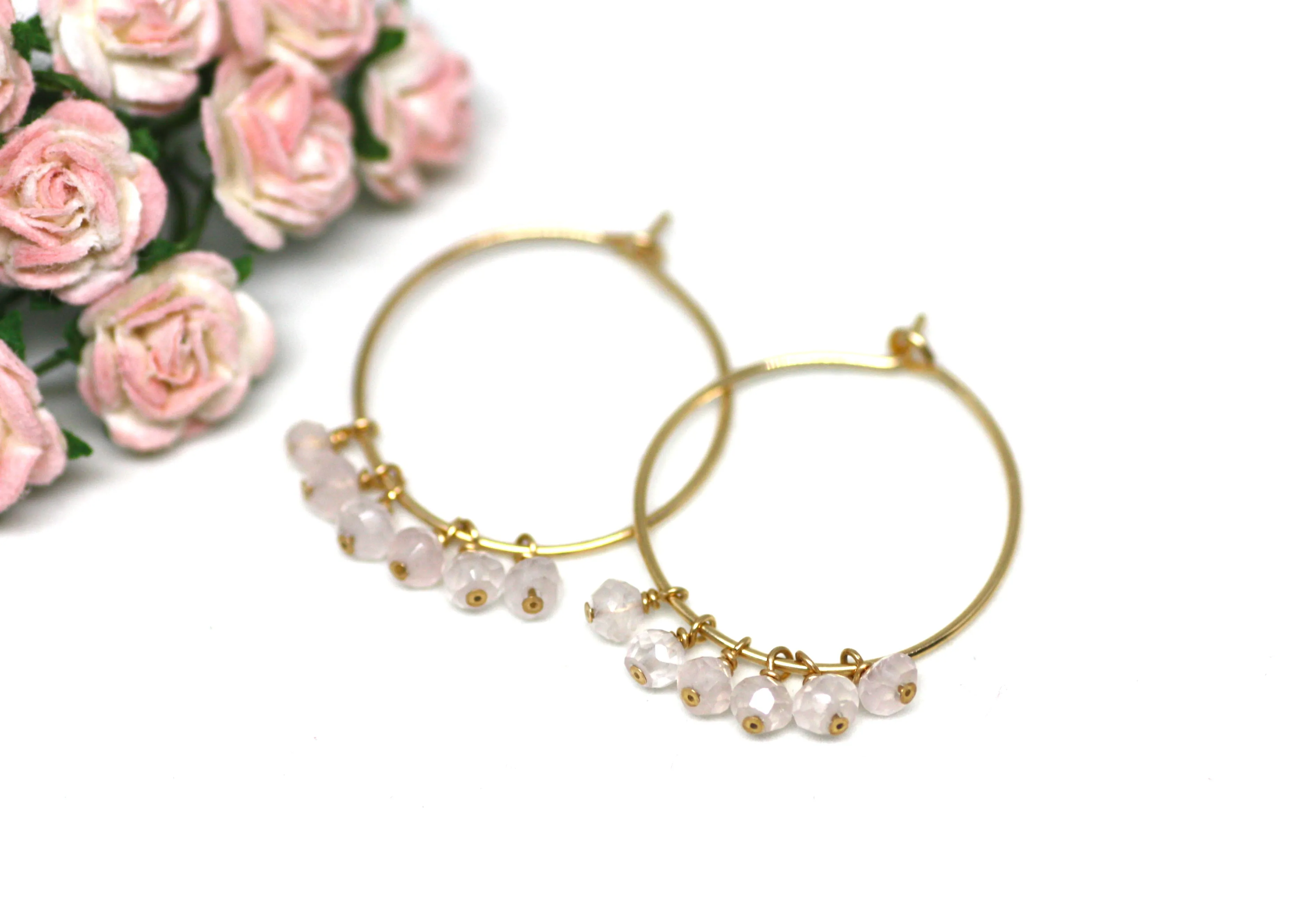 Pink Quartz Hoop Earrings in Gold