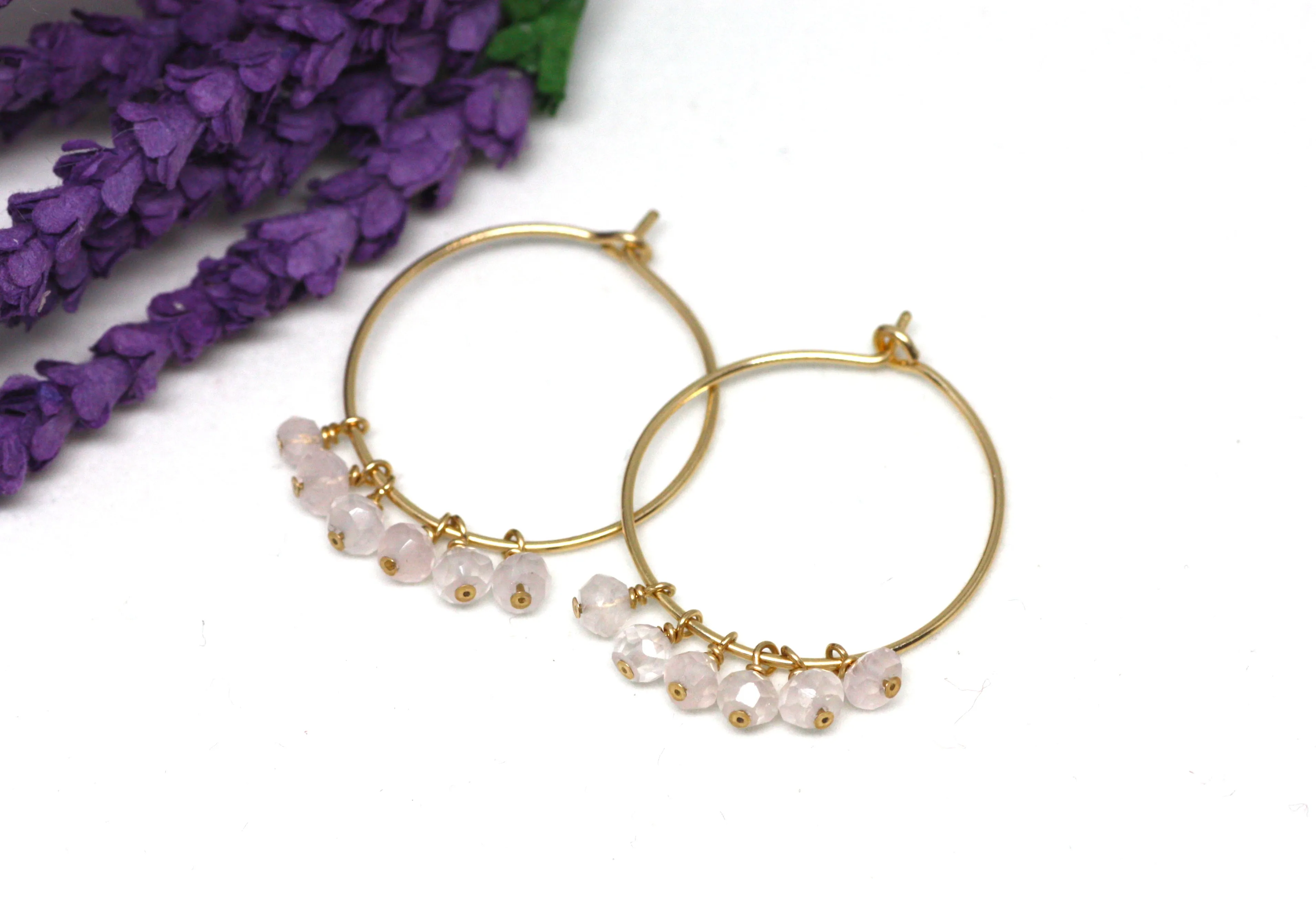 Pink Quartz Hoop Earrings in Gold