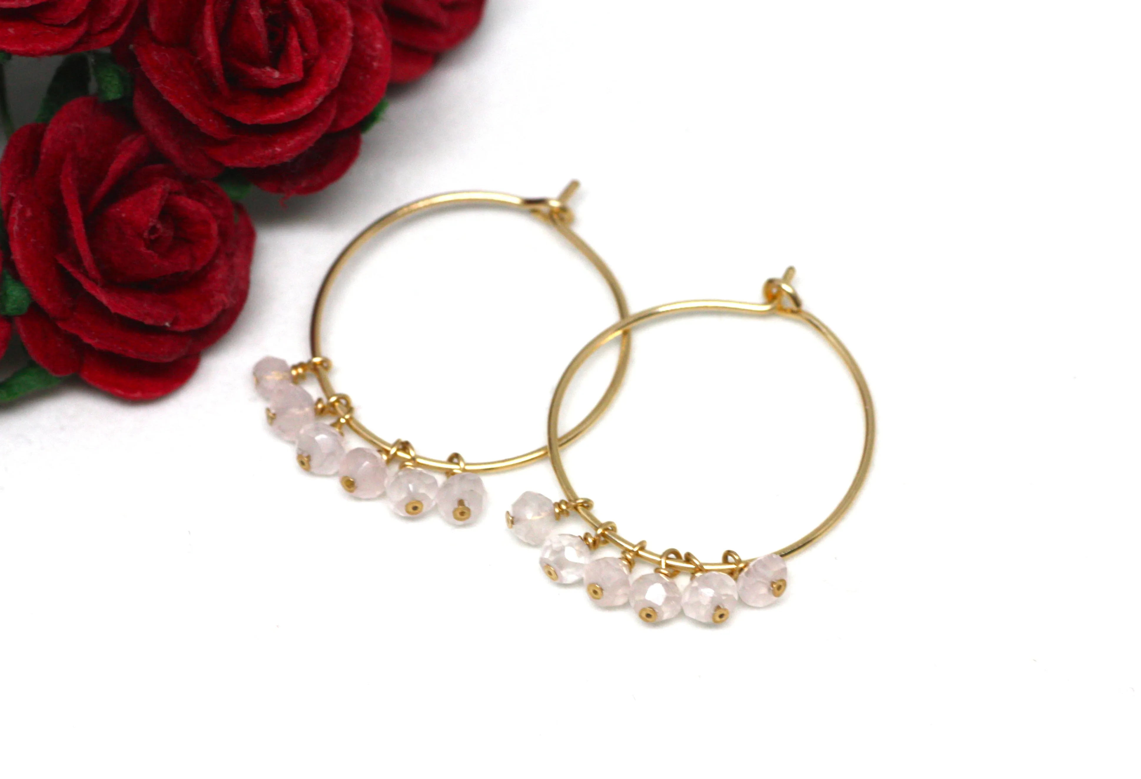 Pink Quartz Hoop Earrings in Gold