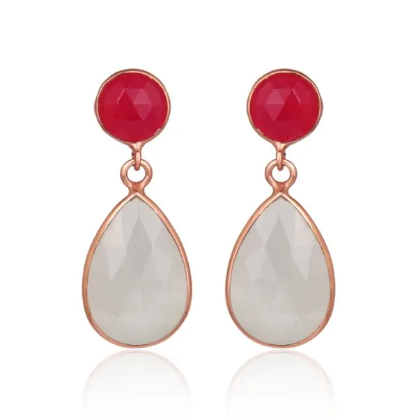 Pink Tourmaline   White Quartz Teardrop Earring Sterling Silver 18K Rose Gold Plate