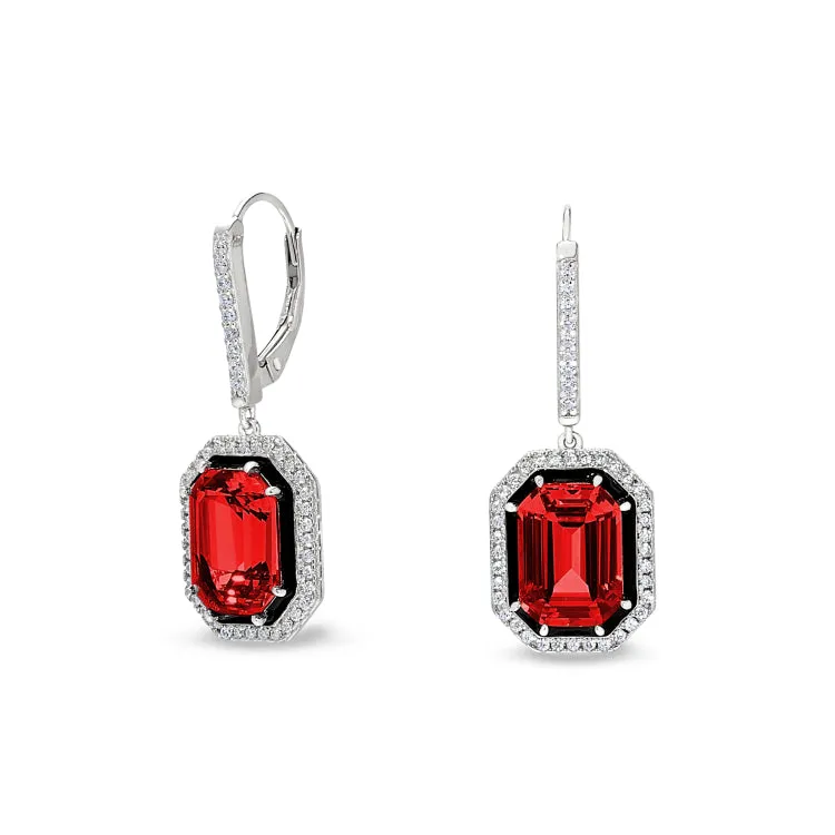 Platinum Finish Sterling Silver Micropave Black Enamel & Simulated Ruby Octagon Earrings with Simulated Diamonds