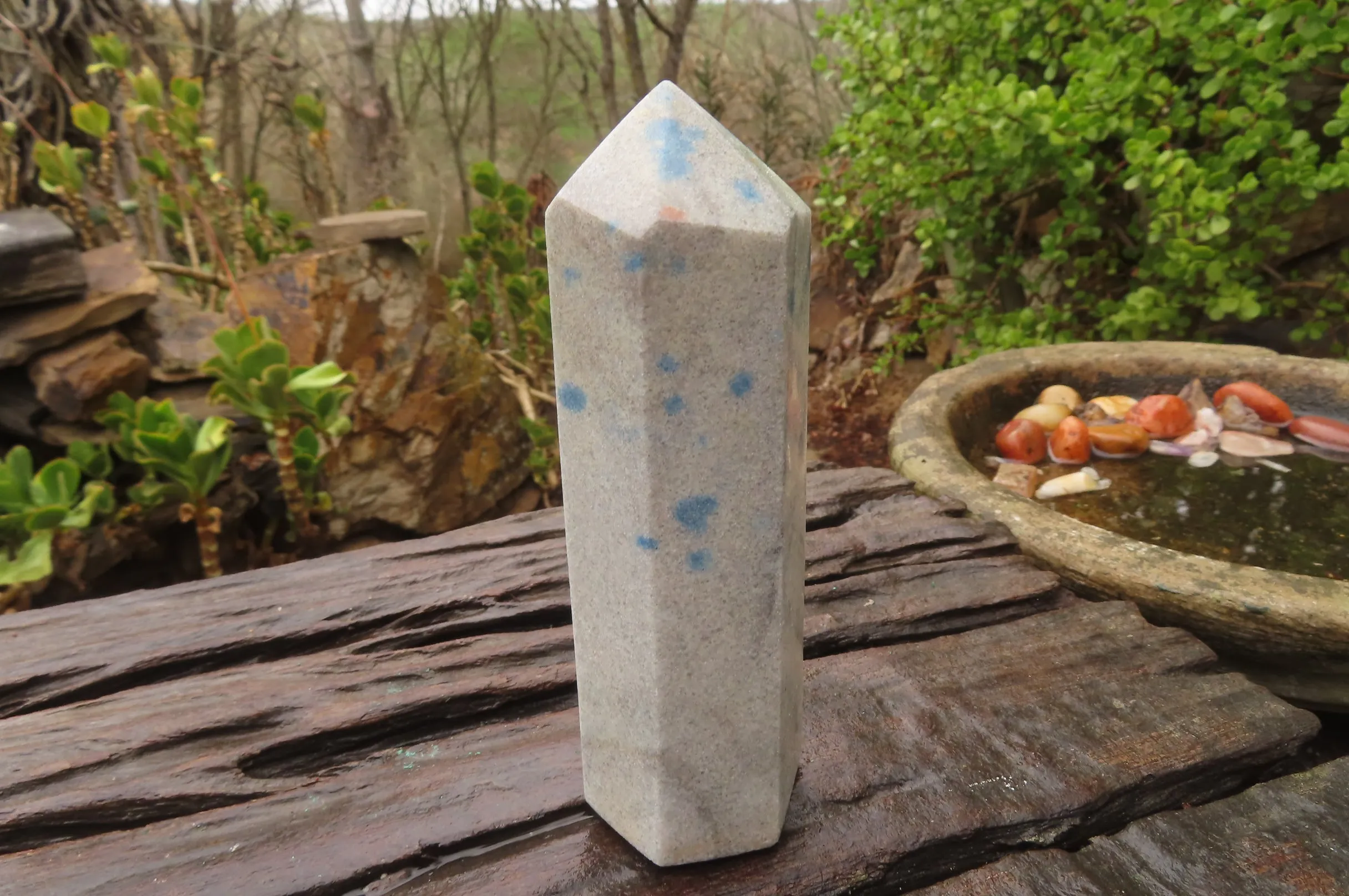 Polished Blue Spinel Spotted Quartz Points x 3 From Madagascar