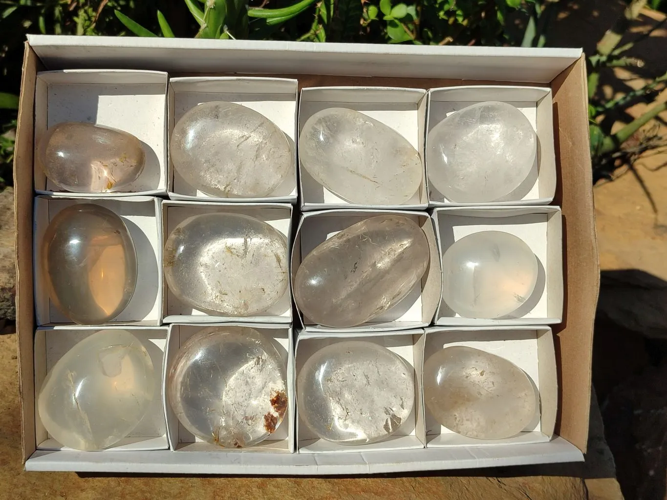 Polished Large Rock Crystal & Girasol Quartz Galet / Palm Stones x 12 From Madagascar