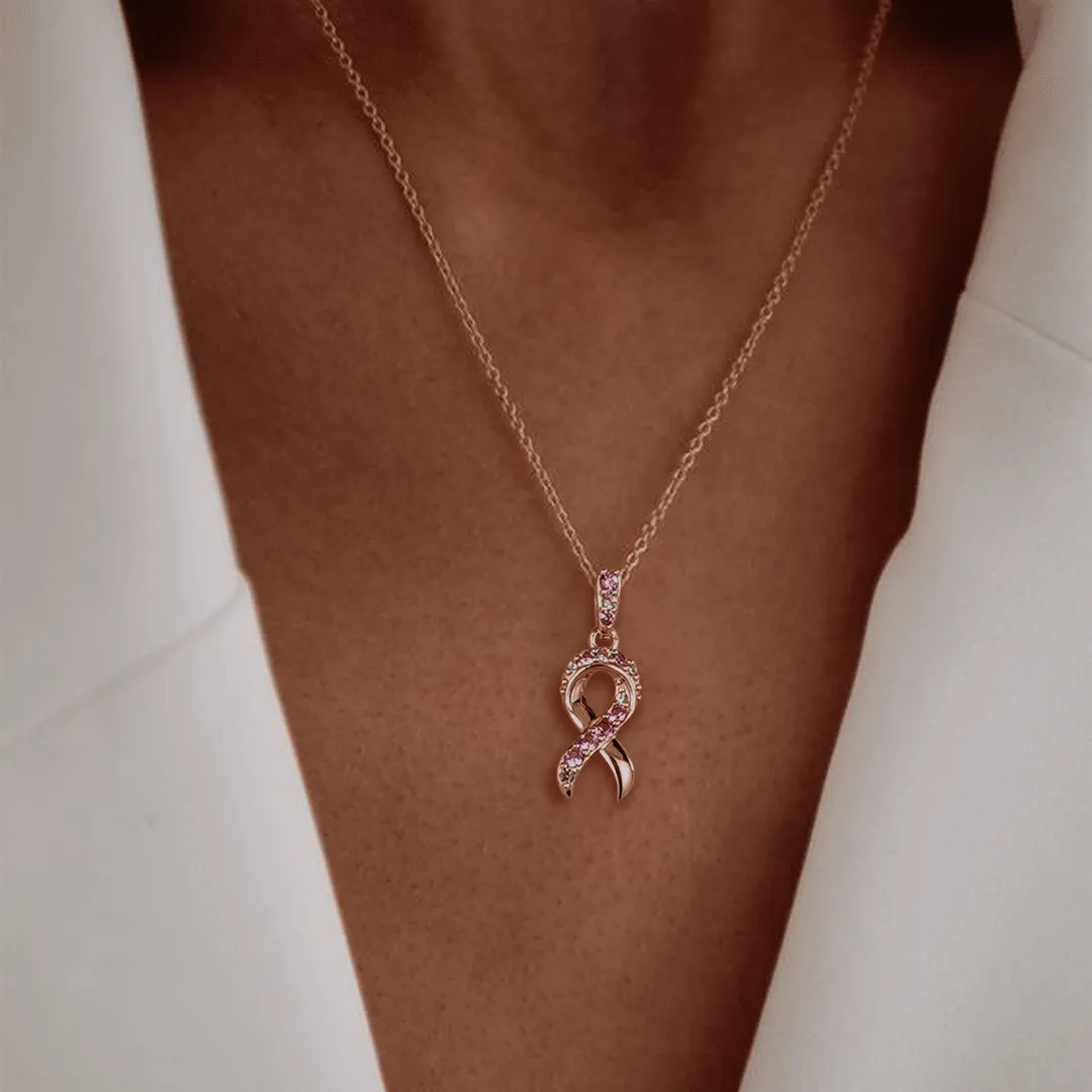 "Faith Over Fear" Ribbon Necklace In Rose Gold With Pavé Pink Sapphires