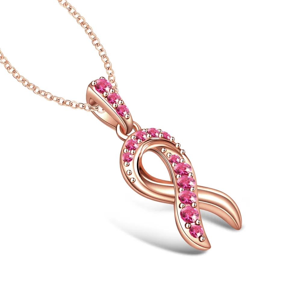 "Faith Over Fear" Ribbon Necklace In Rose Gold With Pavé Pink Sapphires