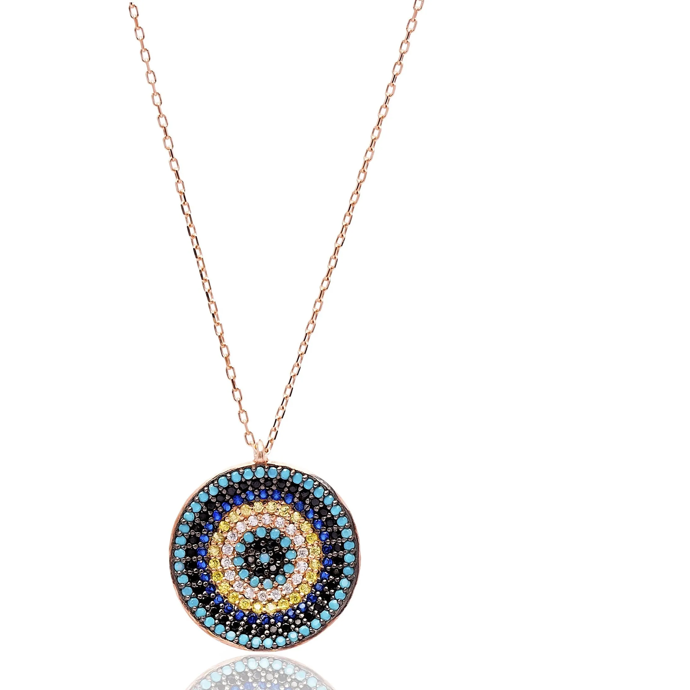 Raised circular Multi Stone Lapis pave set Necklace in Rose Gold