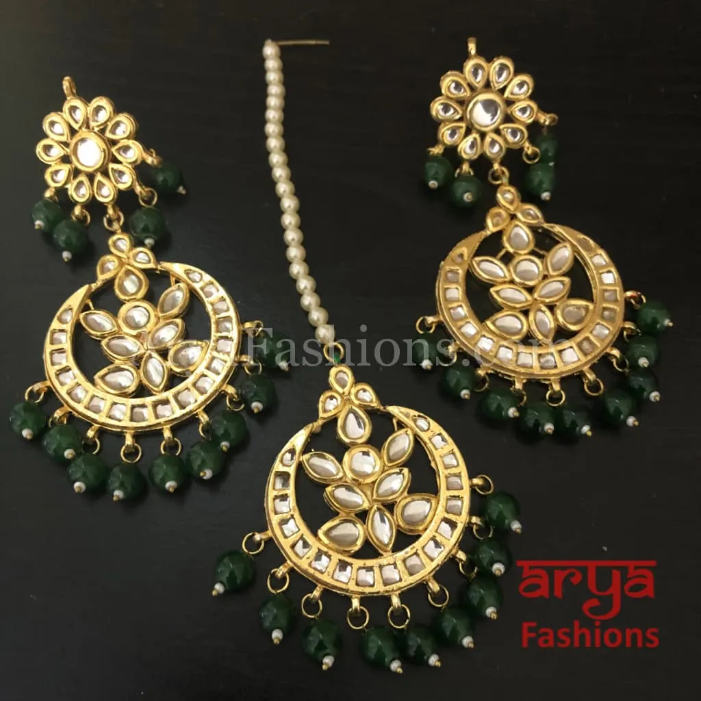 Red, Green, White Mang Tika and Chandbali Earrings Combo Set