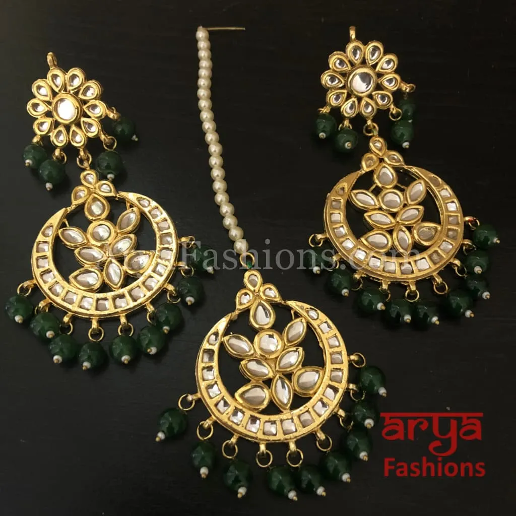 Red, Green, White Mang Tika and Chandbali Earrings Combo Set