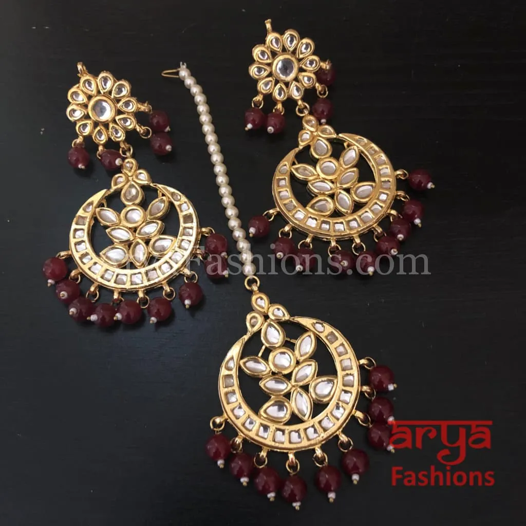 Red, Green, White Mang Tika and Chandbali Earrings Combo Set