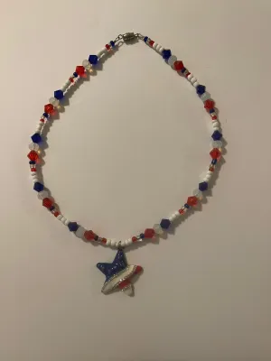 Red white and blue star crystal beaded necklace