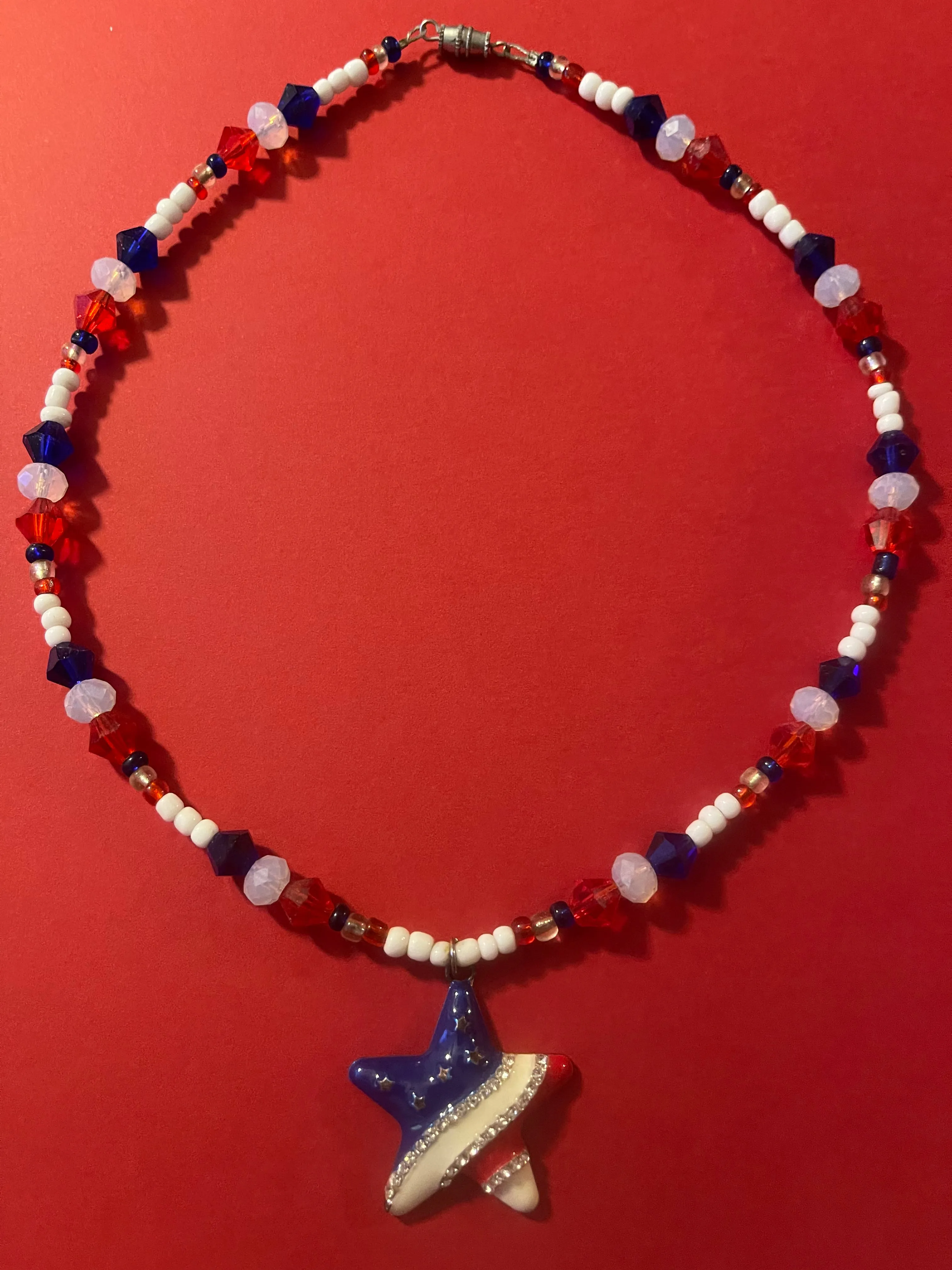 Red white and blue star crystal beaded necklace