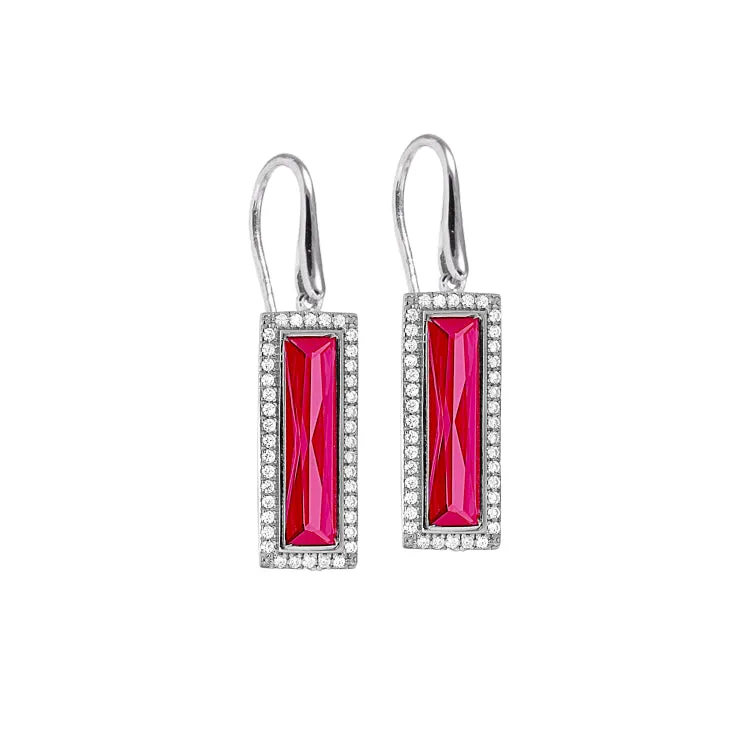 Rhodium Finish Sterling Silver Earrings with Rectangular Simulated Ruby Stones and Simulated Diamonds