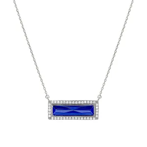 Rhodium Finish Sterling Silver Necklace with Rectangular Simulated Sapphire Stone and Simulated Diamonds on 16" - 18" Chain