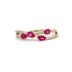 Ruby & Diamond Ring Cross Over Style 14 Karat Yellow Gold