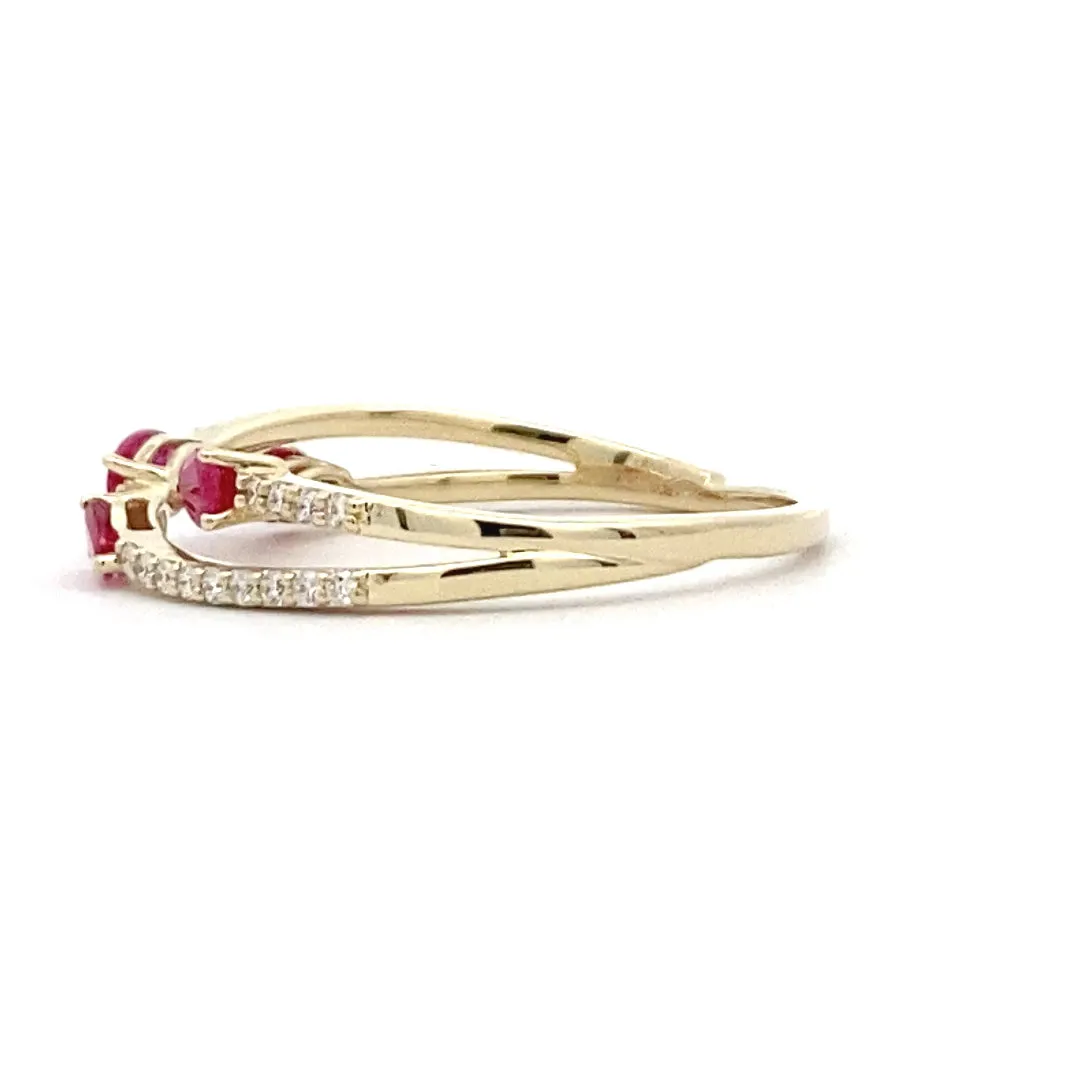 Ruby & Diamond Ring Cross Over Style 14 Karat Yellow Gold