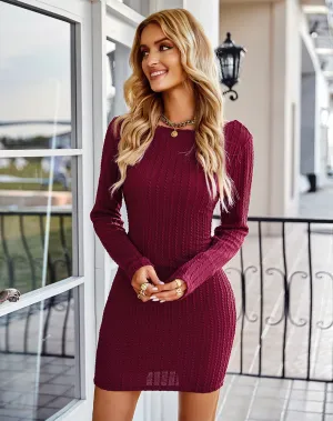 Sapphire Ribbed Square Neck Sweater Dress - Burgundy