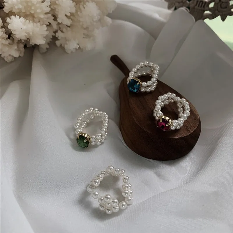 Shiny Colorful Crystal Handmade Braided Imitation Pearl Rings for Women Party Wedding