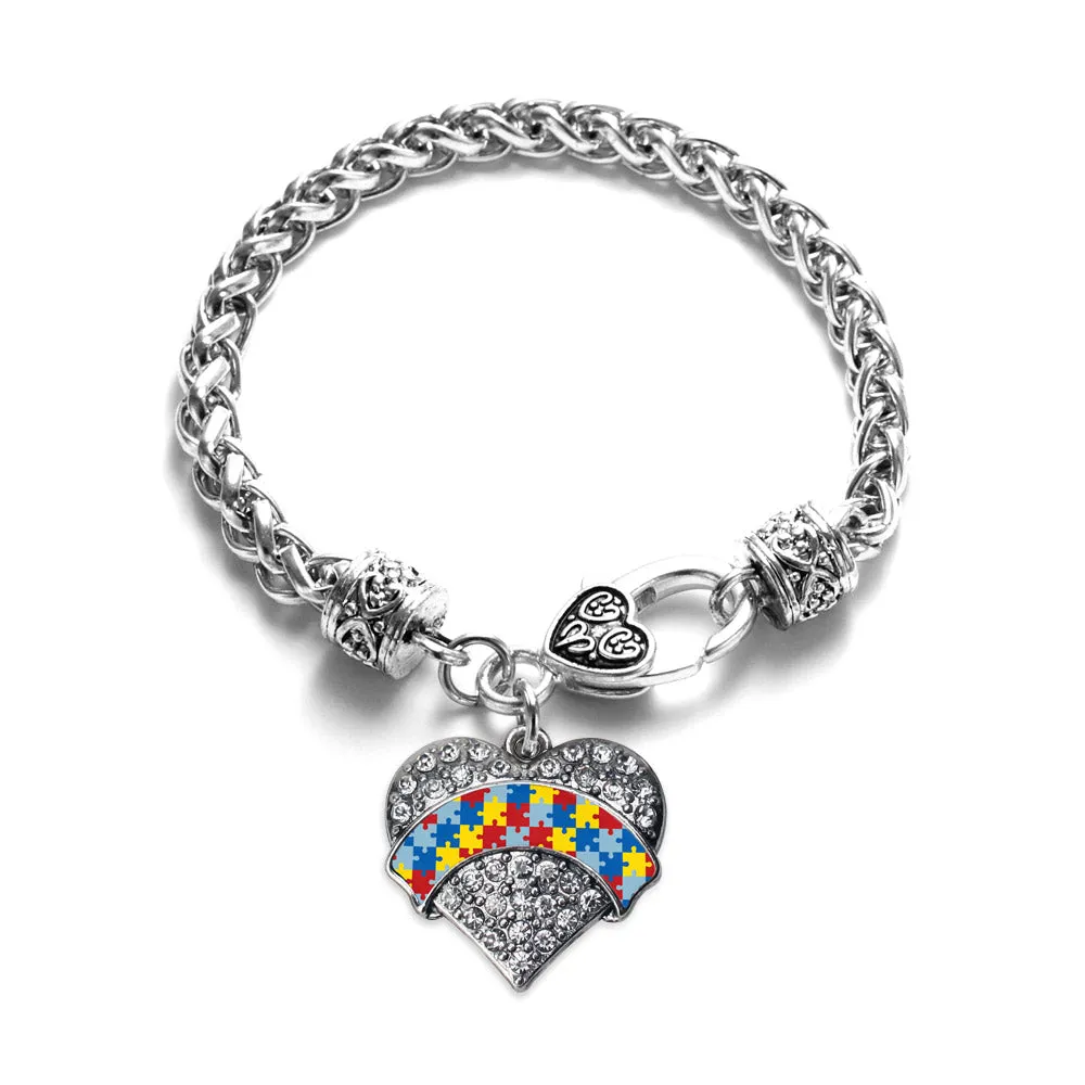 Silver Autism Awareness Pave Heart Charm Braided Bracelet