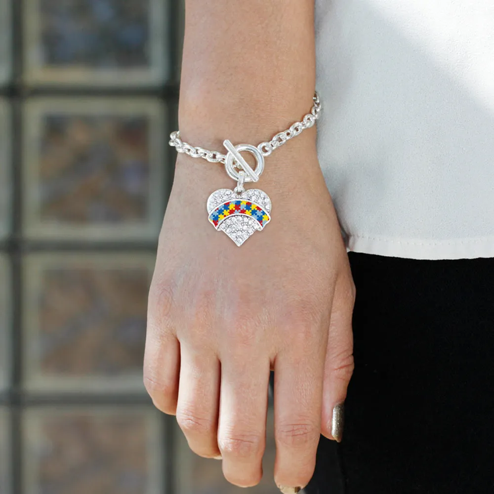 Silver Autism Awareness Pave Heart Charm Toggle Bracelet