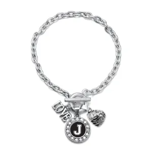 Silver Baseball Glove - Sports Initial J Circle Charm Toggle Bracelet