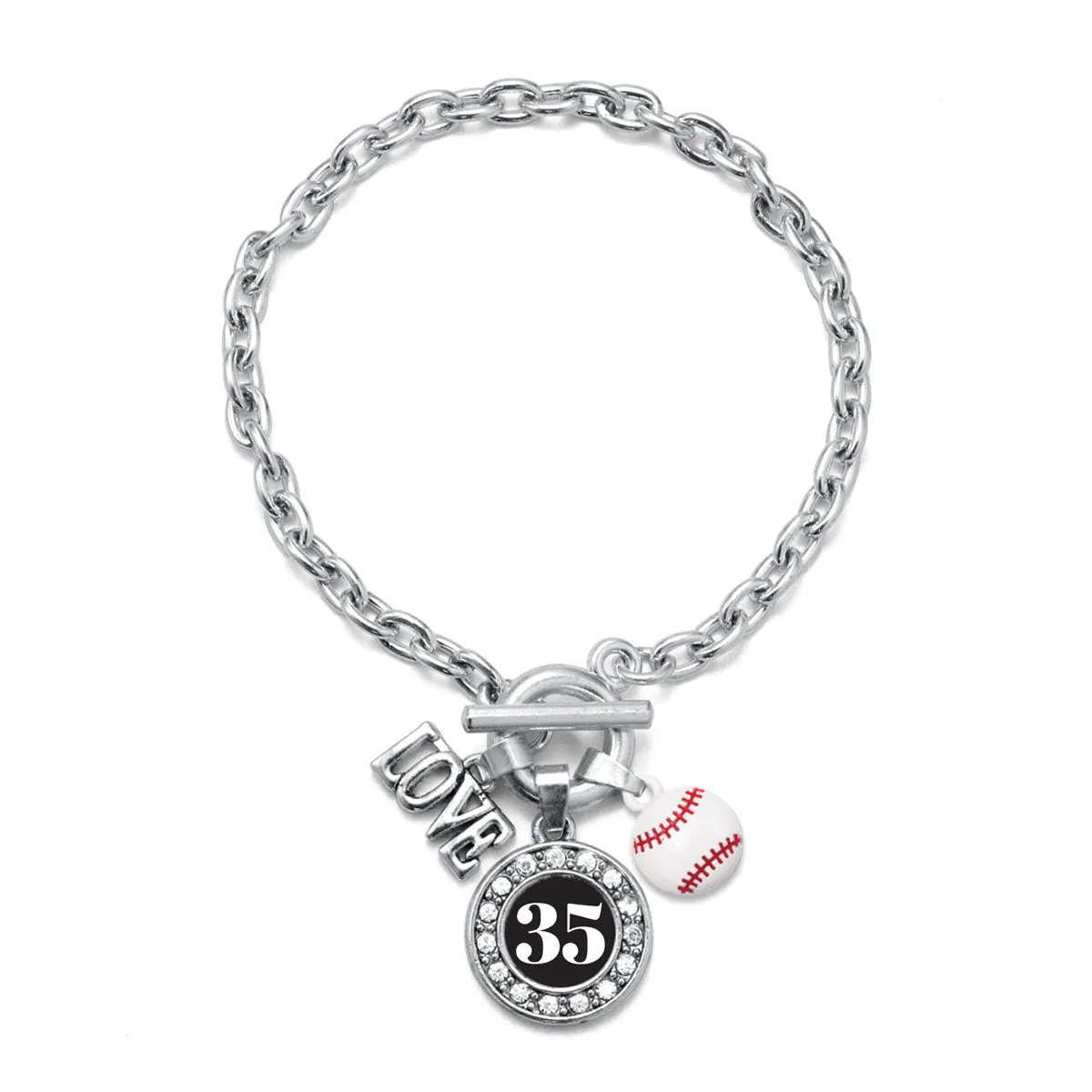 Silver Baseball - Sports Number 35 Circle Charm Toggle Bracelet