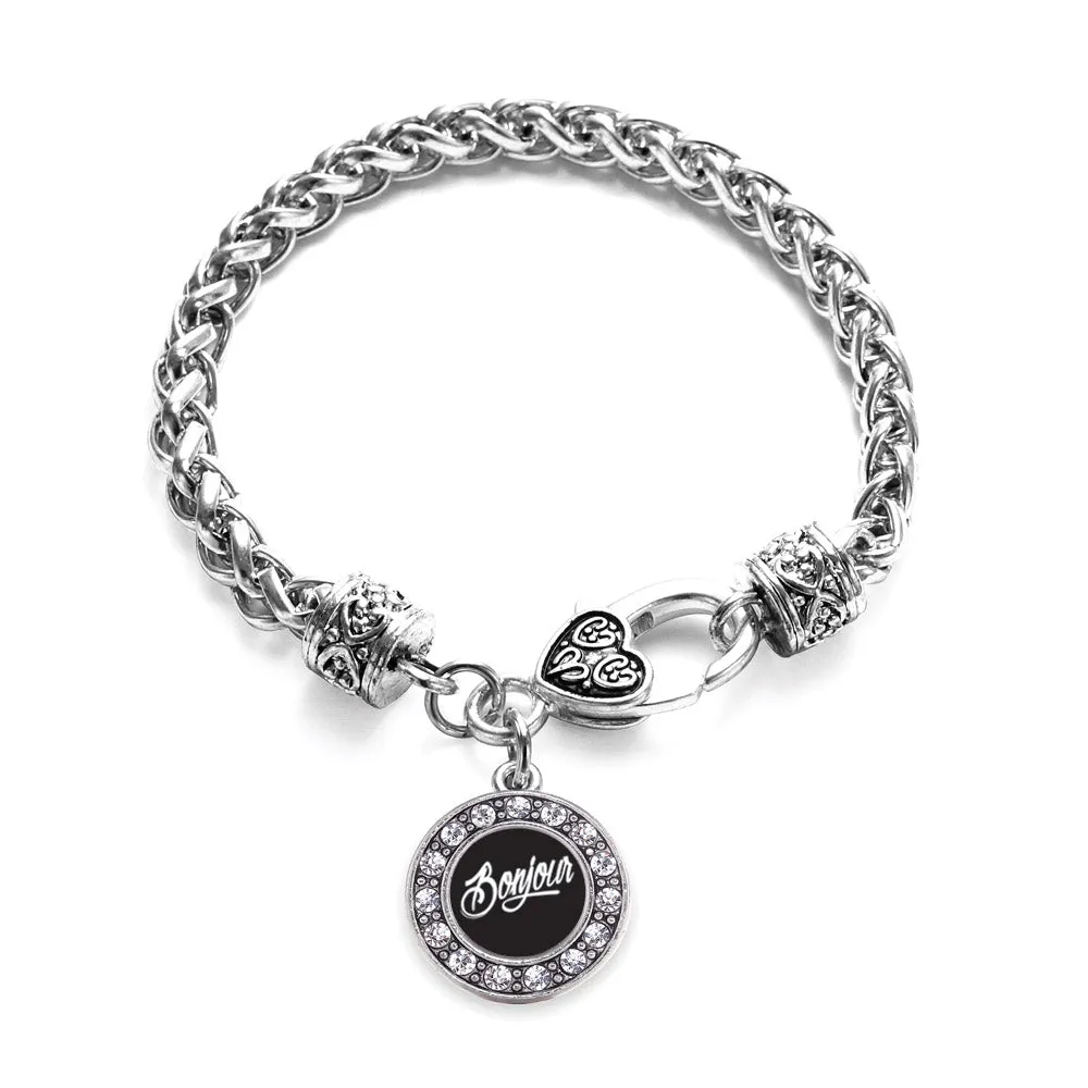 Silver Bonjour Circle Charm Braided Bracelet