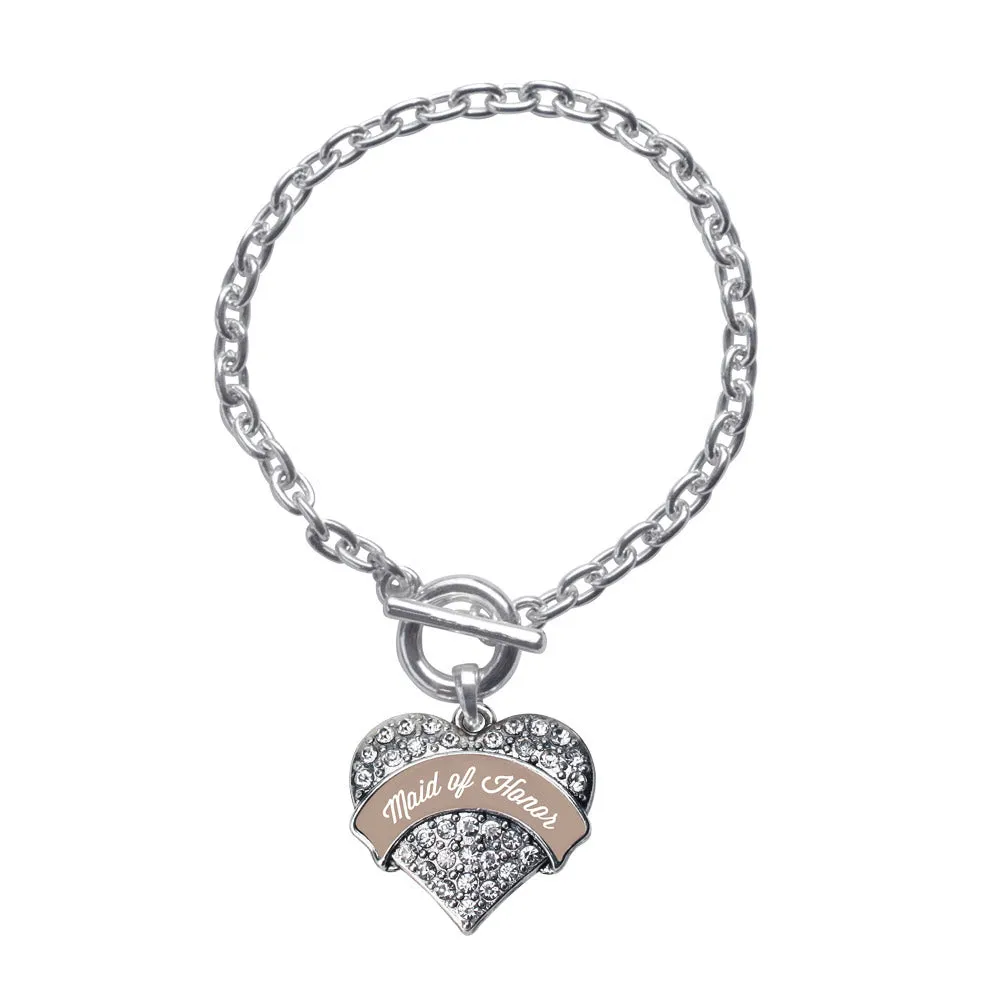 Silver Brown and White Maid of Honor Pave Heart Charm Toggle Bracelet