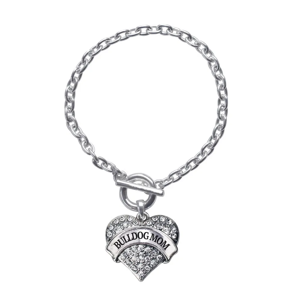 Silver Bulldog Mom Pave Heart Charm Toggle Bracelet