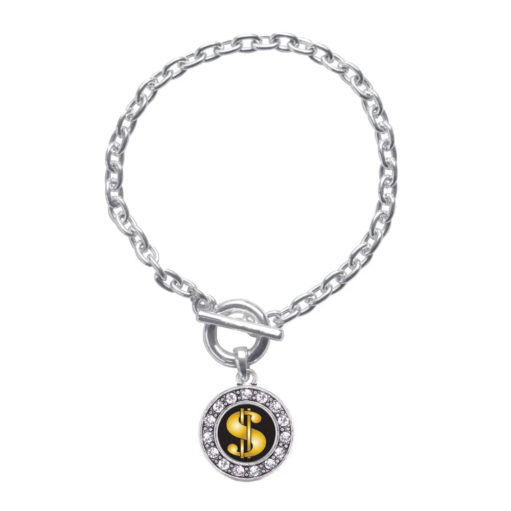 Silver Dollar Sign Circle Charm Toggle Bracelet