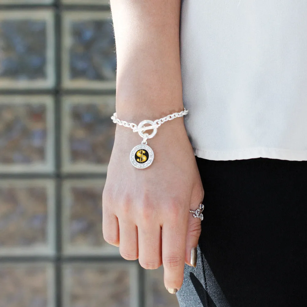 Silver Dollar Sign Circle Charm Toggle Bracelet