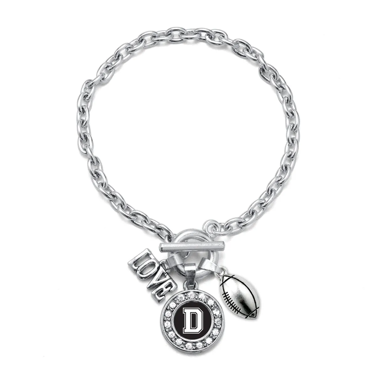 Silver Football - Sports Initial D Circle Charm Toggle Bracelet