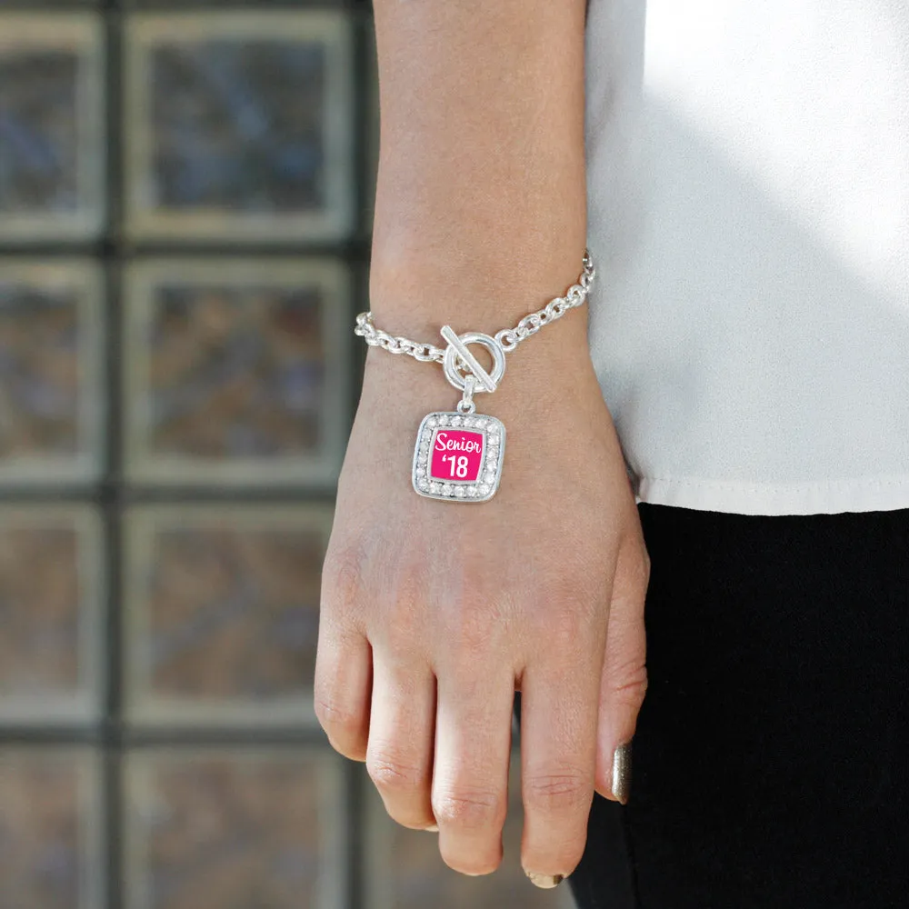 Silver Fuchsia Senior '18 Square Charm Toggle Bracelet