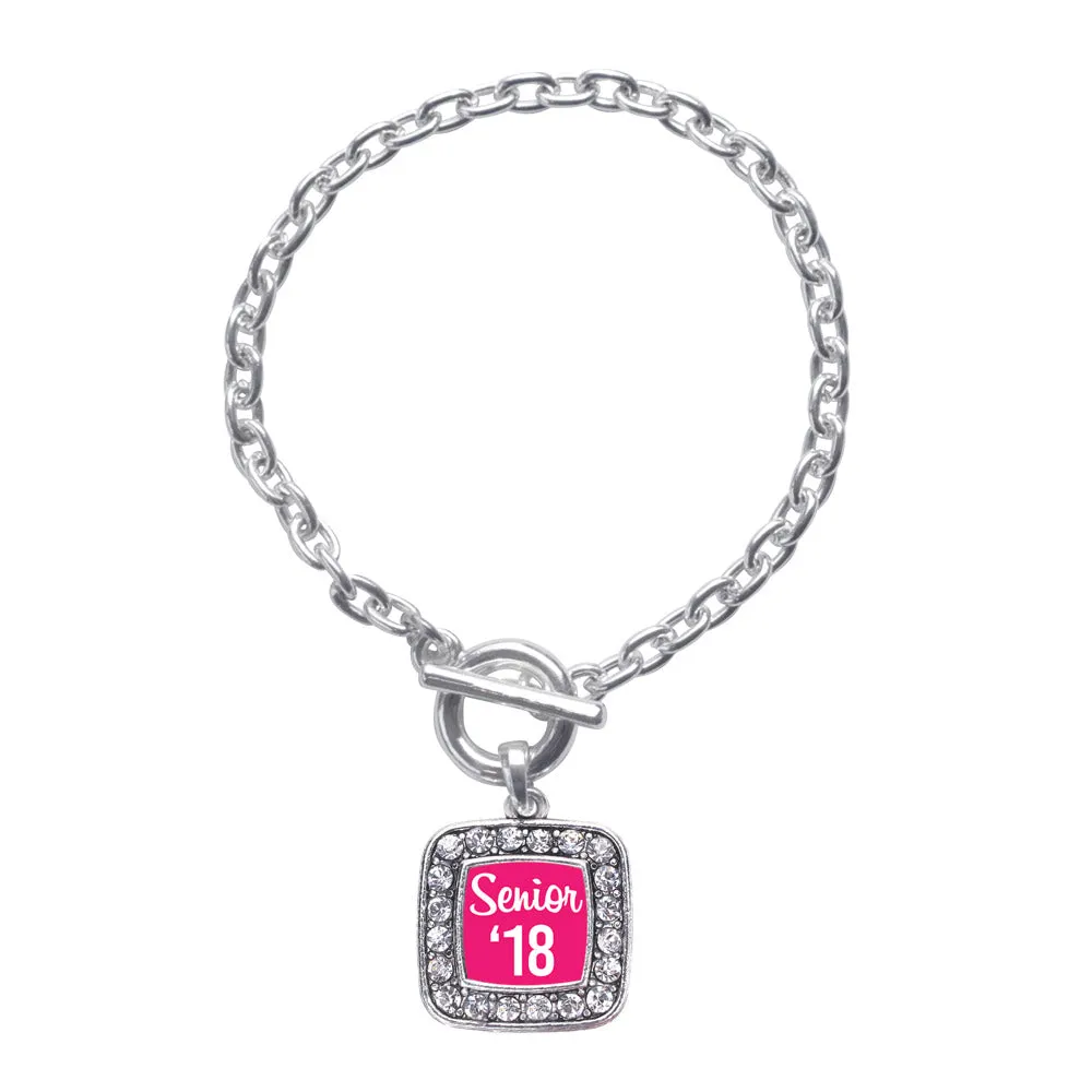 Silver Fuchsia Senior '18 Square Charm Toggle Bracelet