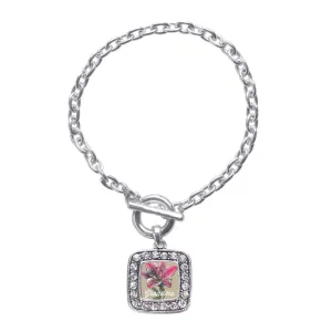 Silver Grandma Lily Flower Square Charm Toggle Bracelet