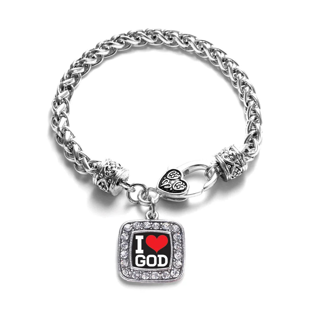 Silver I Love God Square Charm Braided Bracelet