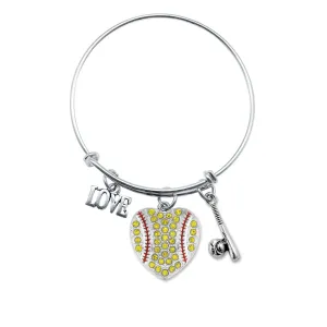 Silver Love Softball Heart Bat Charm Wire Bangle Bracelet