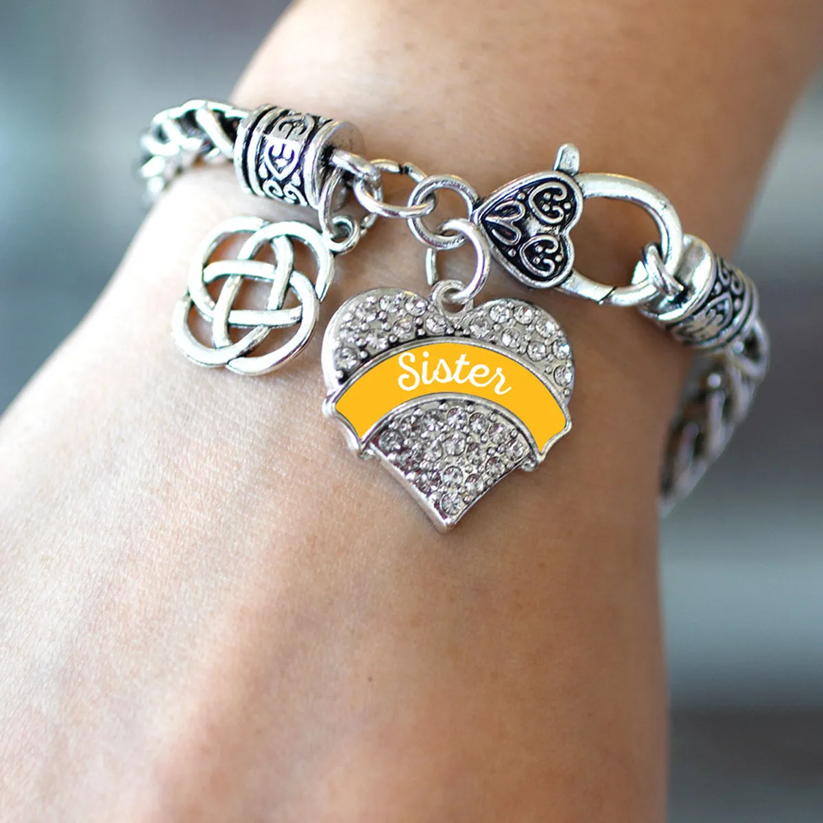 Silver Marigold Sister Celtic Knot Pave Heart Charm Braided Bracelet