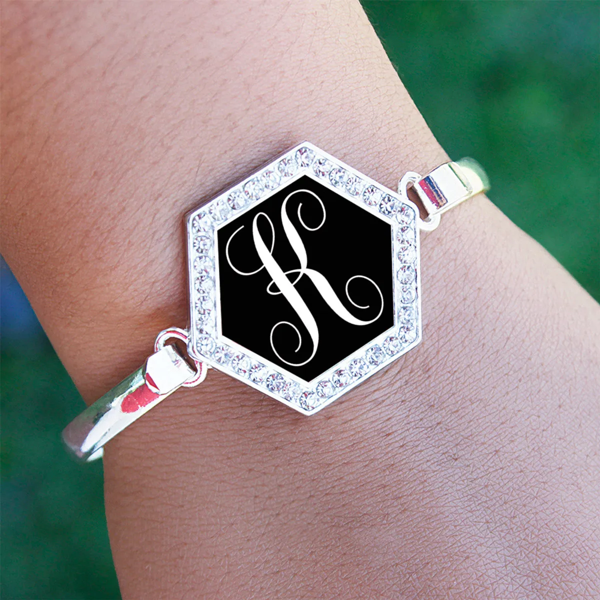 Silver Monogram - K Hexagon Charm Bangle Bracelet