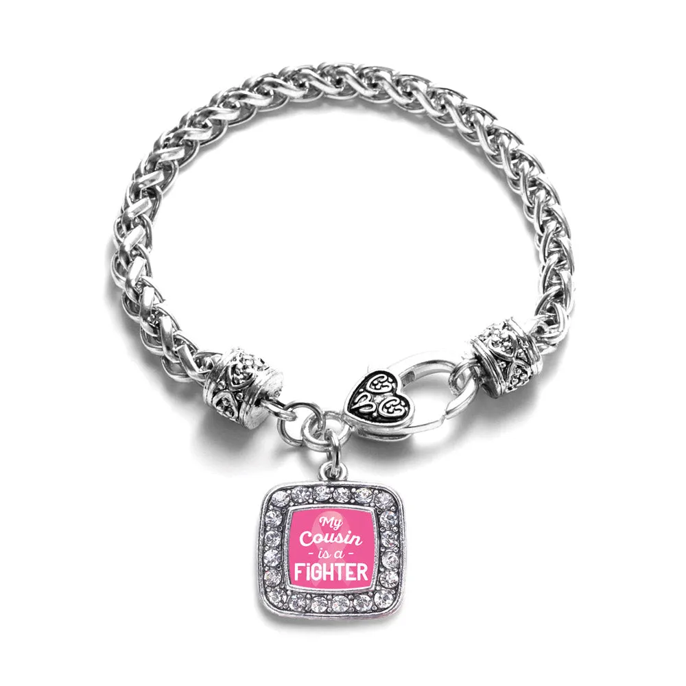 Silver My Cousin is a Fighter Breast Cancer Awareness Square Charm Braided Bracelet