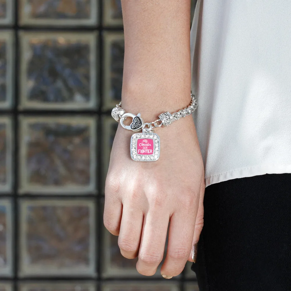 Silver My Cousin is a Fighter Breast Cancer Awareness Square Charm Braided Bracelet