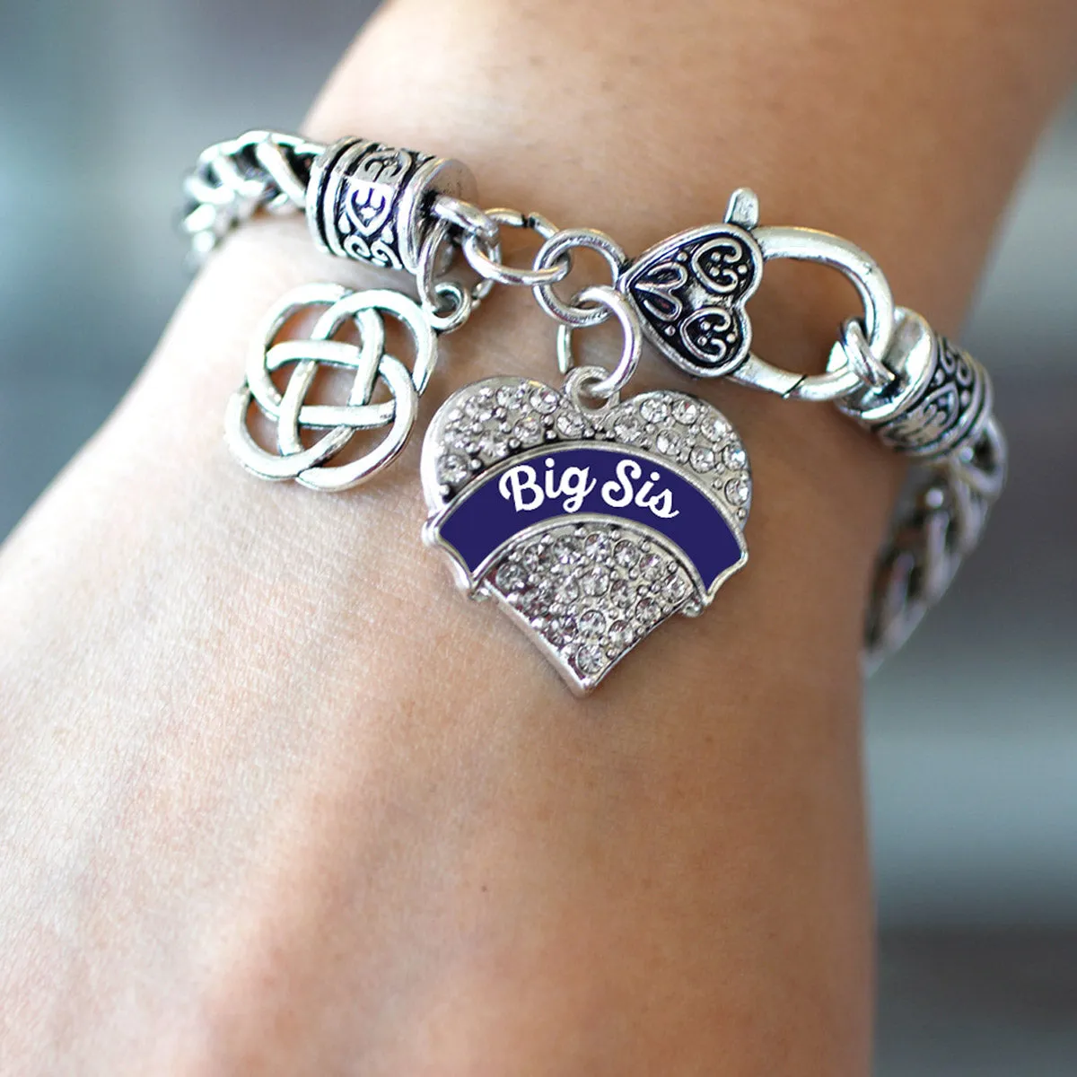 Silver Navy Blue Big Sis Celtic Knot Pave Heart Charm Braided Bracelet