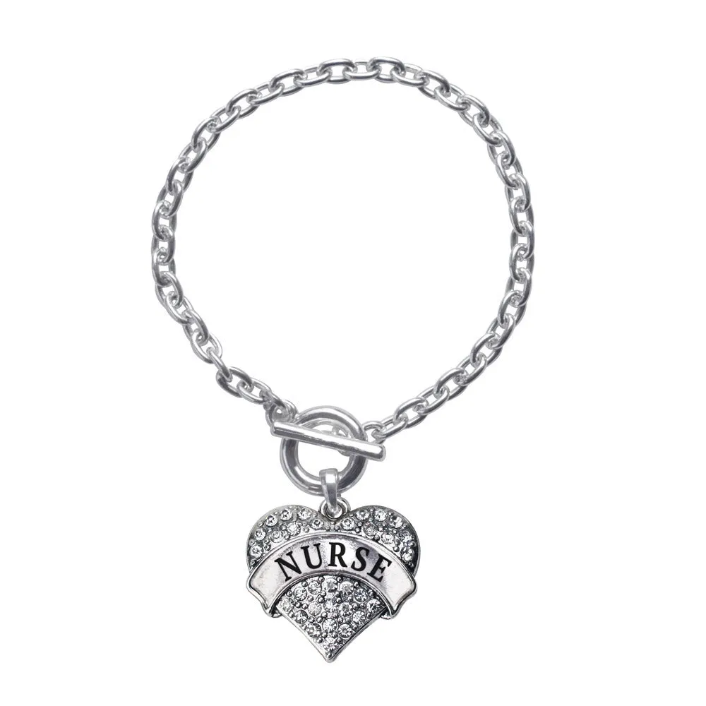 Silver Nurse Pave Heart Charm Toggle Bracelet