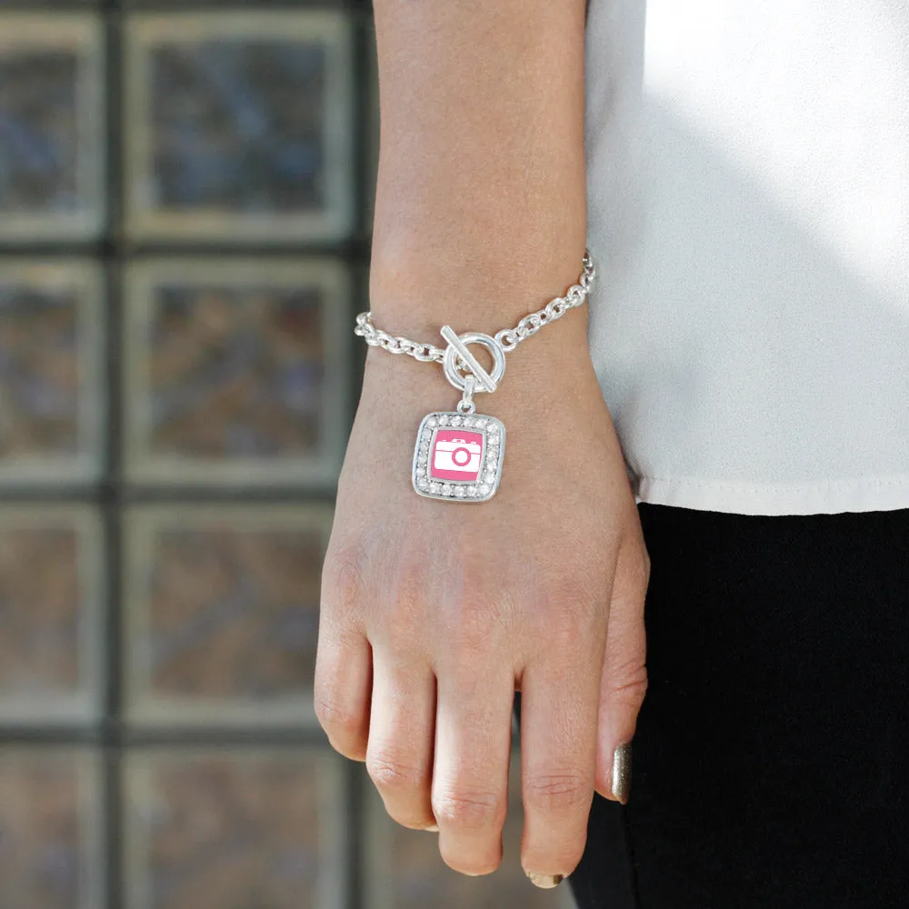 Silver Pink Camera Square Charm Toggle Bracelet