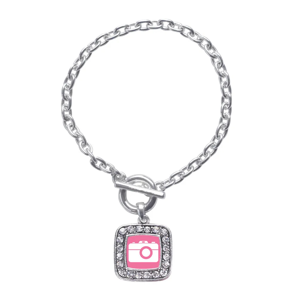 Silver Pink Camera Square Charm Toggle Bracelet